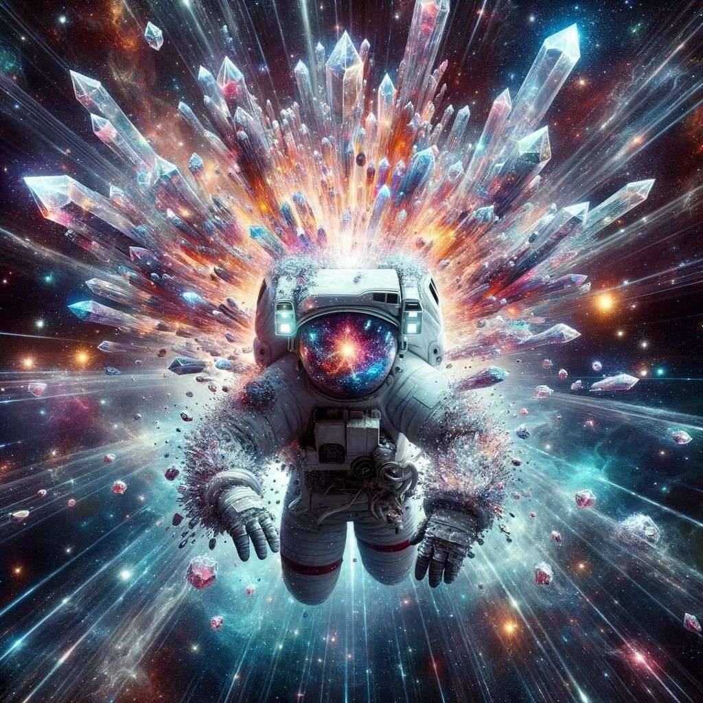 an astronaut, covered in exploding crystals